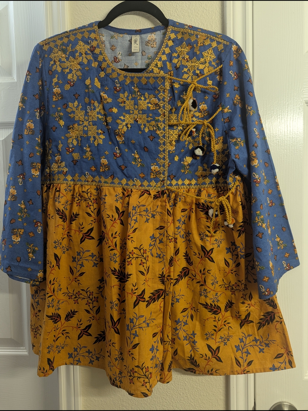 Embroidered Two-Tone Girls Top in Blue and Mustard